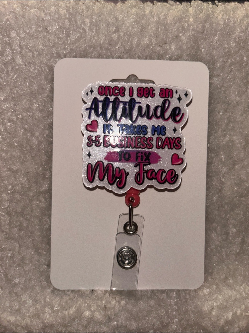 Pink Glitter 'Attitude' Decorative Badge Reel Key & Card Holder